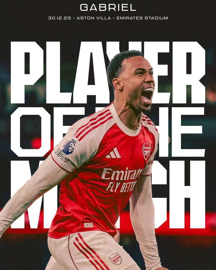 首开记录，加布里埃尔当选与维拉一役阿森纳队内最佳球员